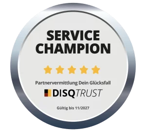 DISQ Trust Siegel „Service Champion“ – Partnervermittlung Dein Glücksfall, gültig bis 11/2027