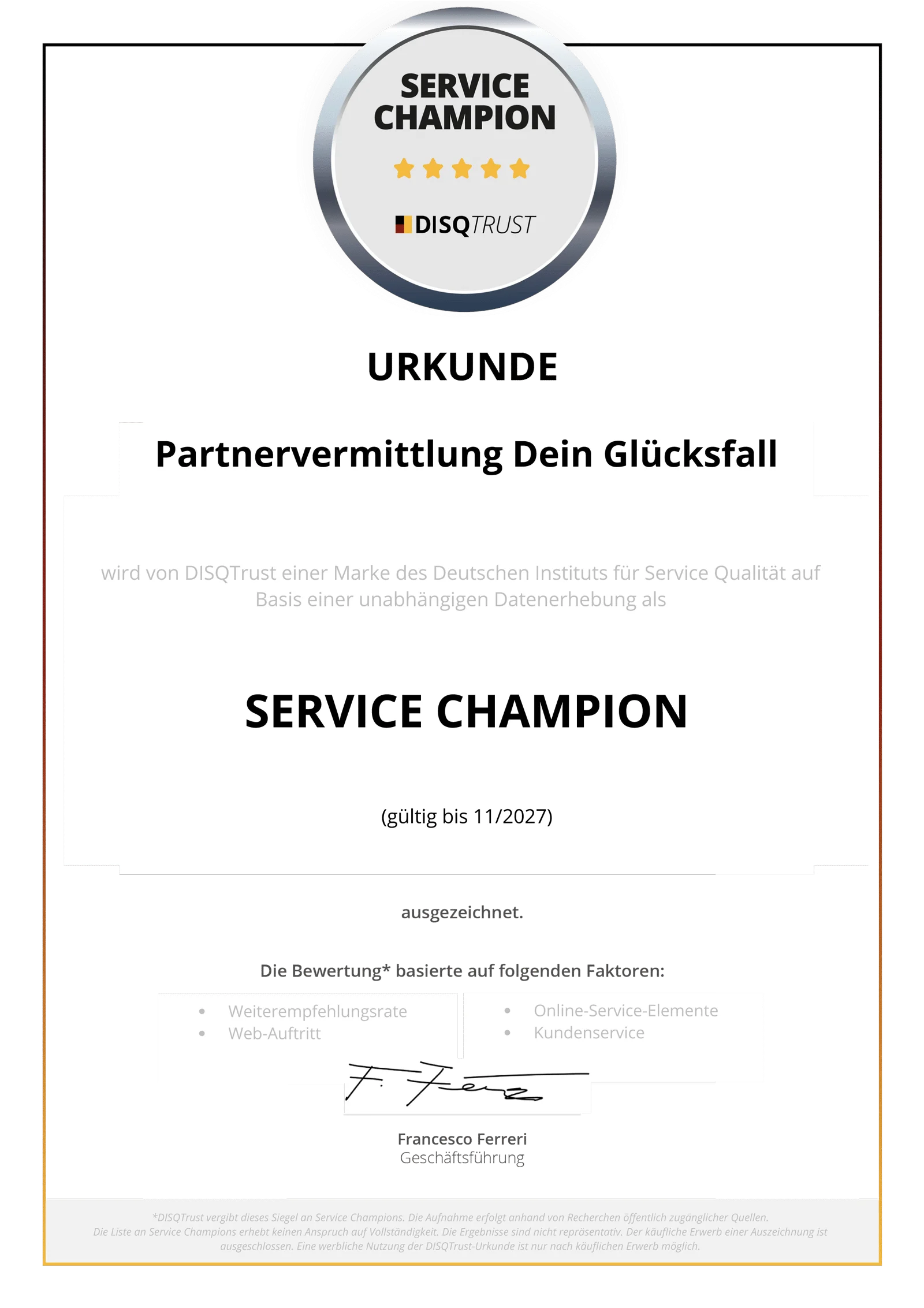 Urkunde "Service Champion" für Partnervermittlung dein Glücksfall